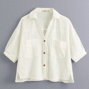 V-Neck Pocket Detail Blouse
